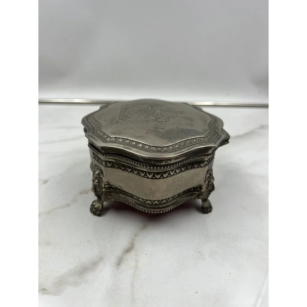 Vintage British Royal Coat of Arms Silver Footed Jewelry Box Red Velvet Lining